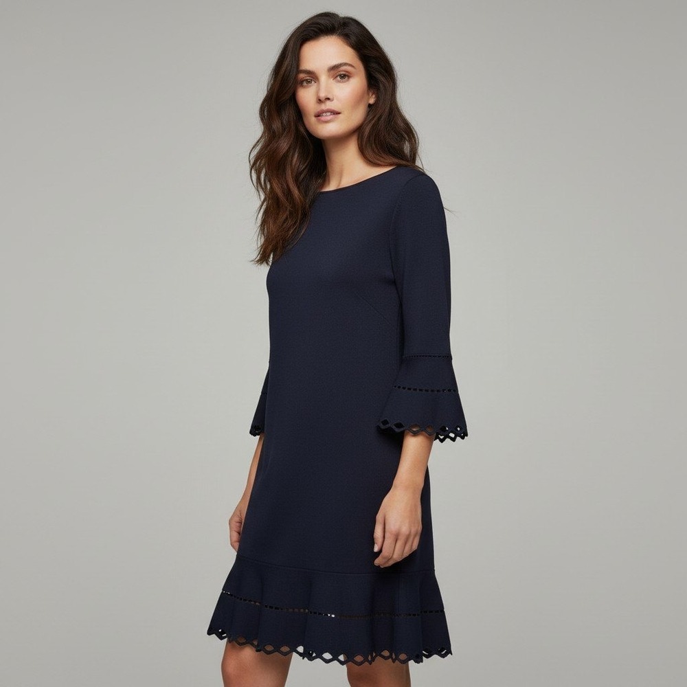 Ted Baker London Navy Blue Scalloped Laser Cut Ruffle Knit Dress Size 4 US 10-12